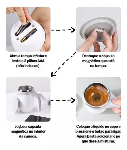 Caneca Mixer Automática - Copo Inox Suporte Magnético à Pilha 380ml