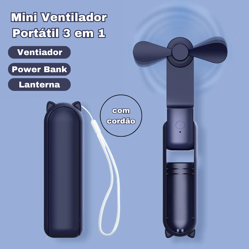 Mini Ventilador Portátil 3 em 1 - Com PowerBank e Lanterna