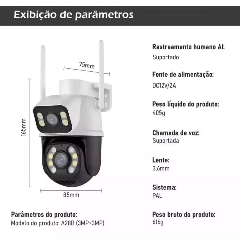 Câmera Segurança Externa Lente Dupla Rastreamento e Zoom